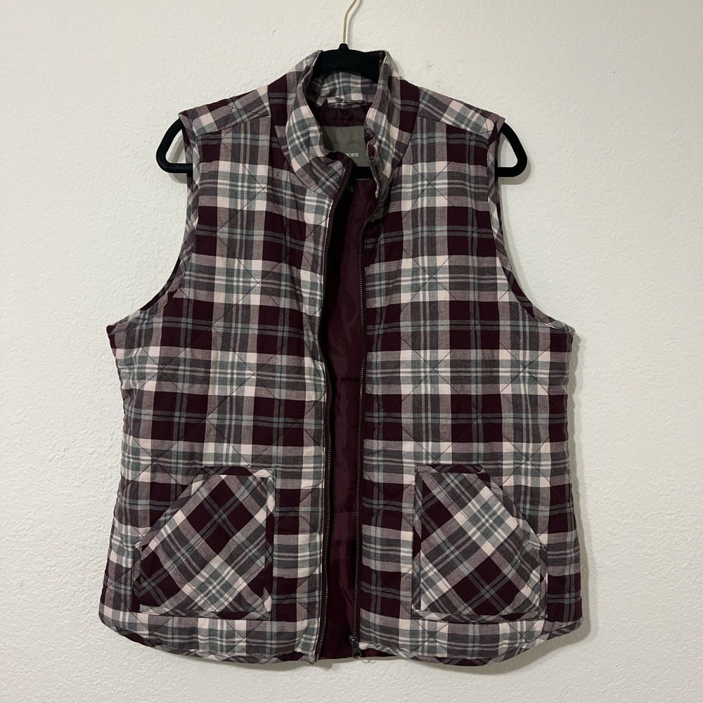 Maurices Plaid Puffer Vest XL Burgundy Gray Quilted Preppy spring fall winter